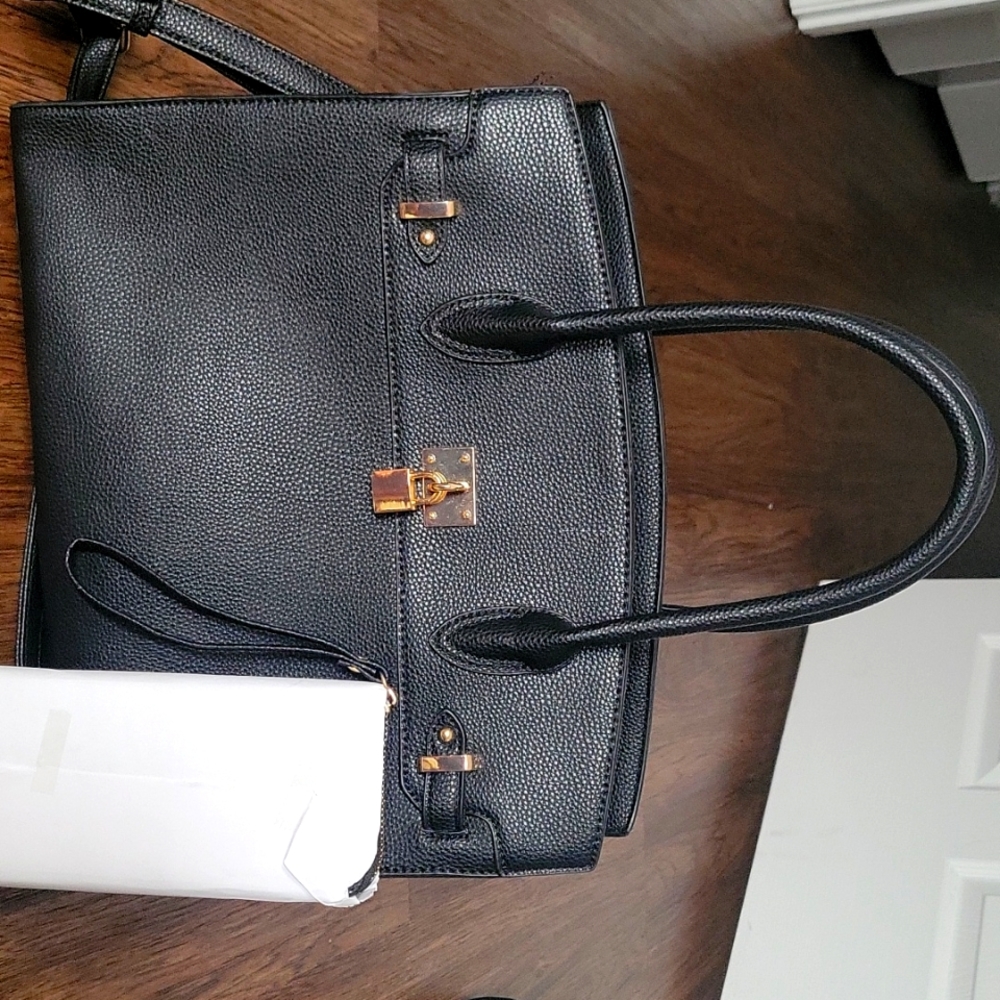 Black Purse/Work Tote with long strap w/ brand new matching wallet